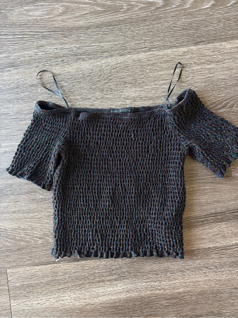 Urban Outfitters Black Smocked Off-Shoulder Crop Top with Multicolor Flecks